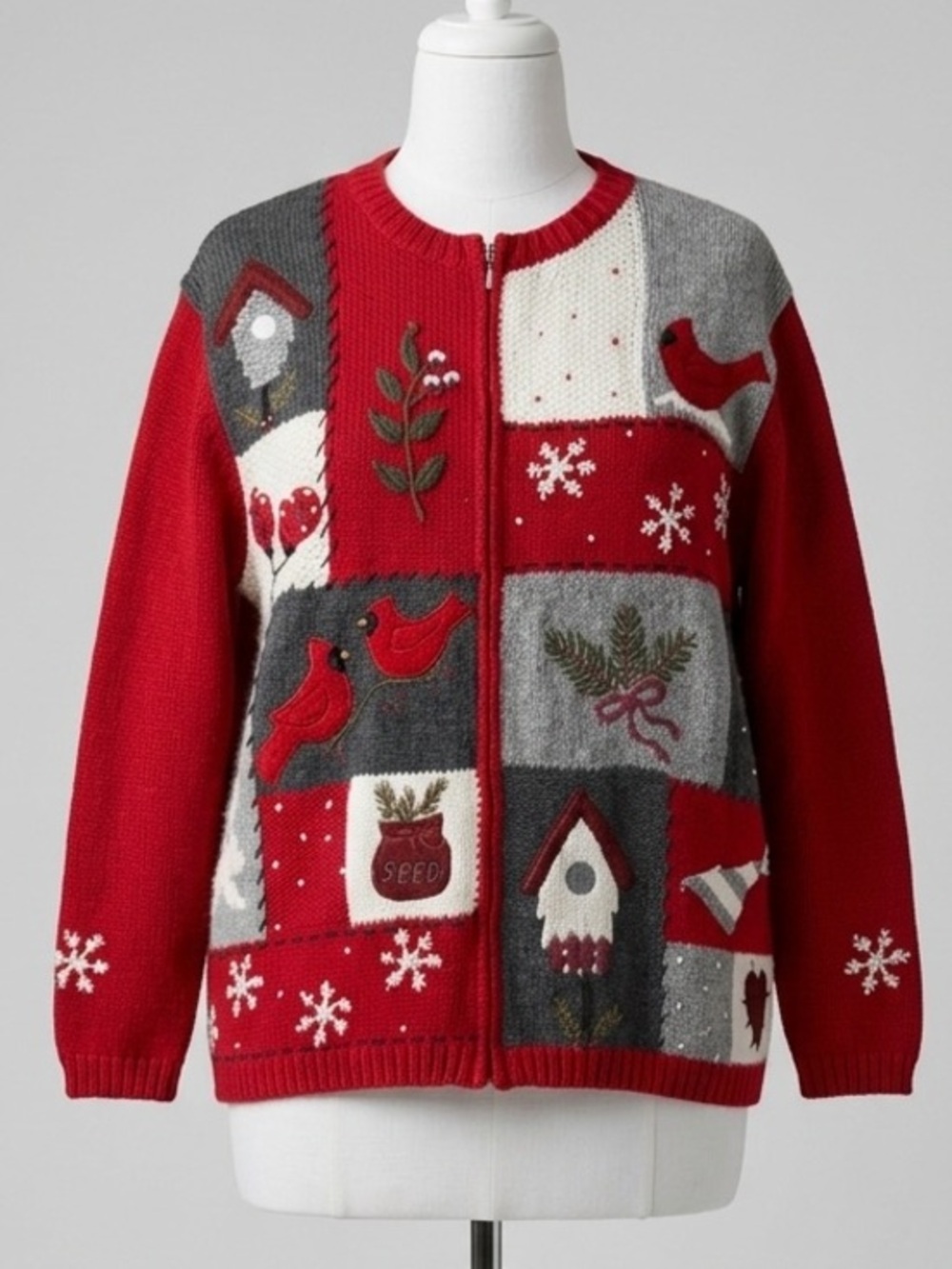 Croft & Barrow Vintage XL Christmas Sweater Patchwork Cardinal Winter Cardigan